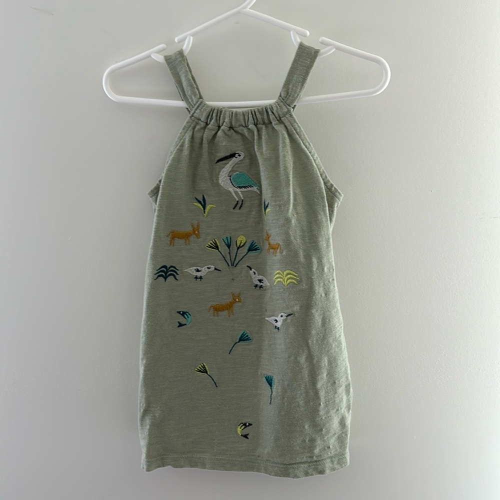 Tea 2T Green Dress with Pockets and Embroidered Birds.